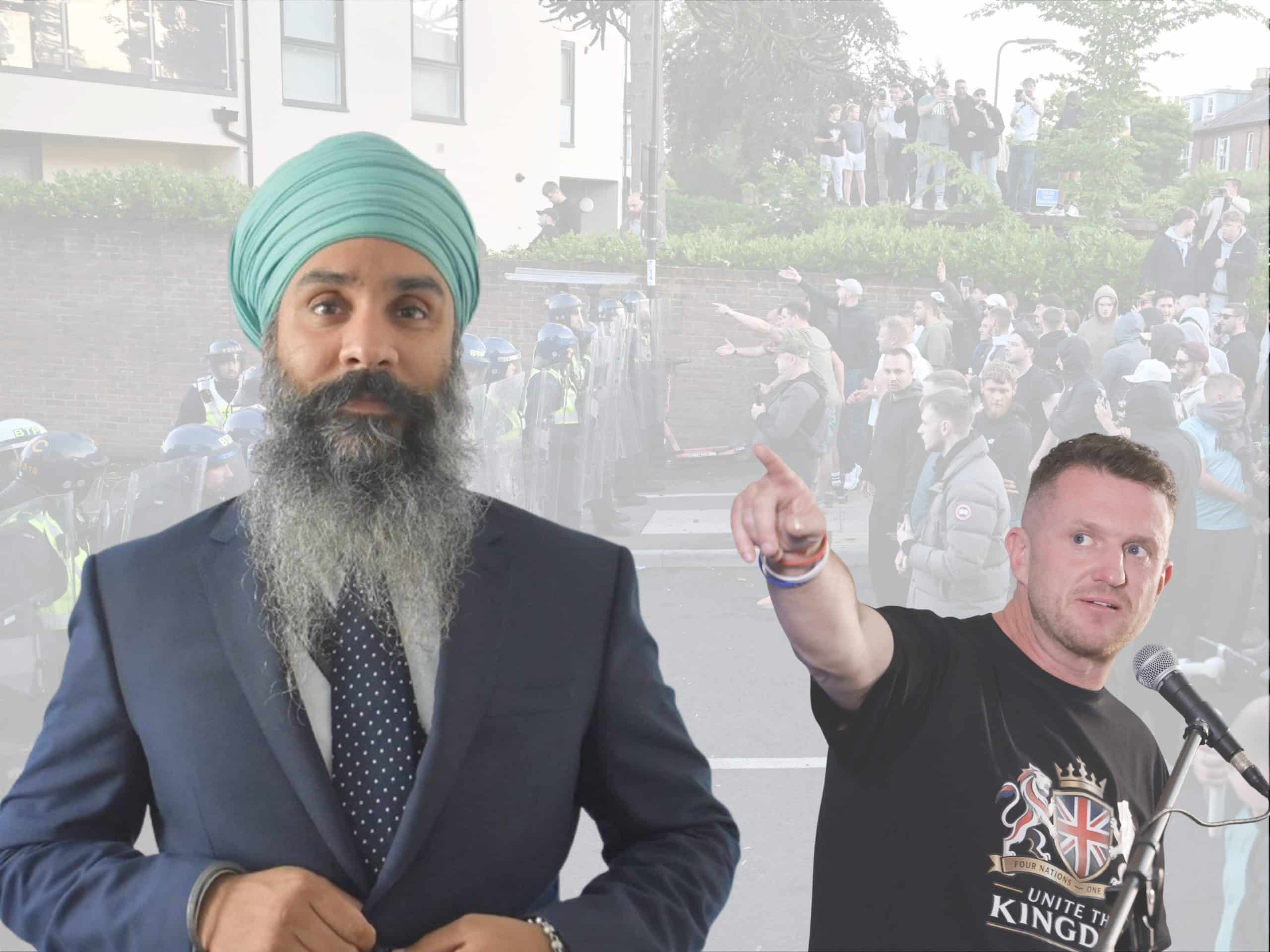 Bobby Singh (left) and Tommy Robinson (right) in separate photos designed next to one another. Singh buttoning his suit and Robinson speaking into a microphone pointing
