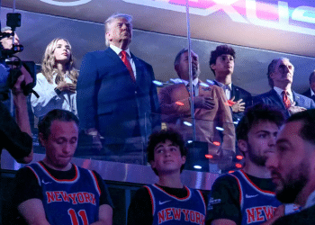 President Donald Trump with his grand daughter Kai Trump (L), Knicks owner James Dolan (3L), US Secretary of the Interior Doug Burgum (3R) and Environmental Protection Agency director Lee Zeldin (2R) attend Game Three of the NBA Finals between the San Antonio Spurs and the New York Knicks at Madison Square Garden in New York on 8 June 2026.