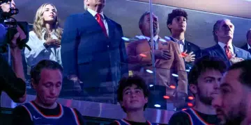 President Donald Trump with his grand daughter Kai Trump (L), Knicks owner James Dolan (3L), US Secretary of the Interior Doug Burgum (3R) and Environmental Protection Agency director Lee Zeldin (2R) attend Game Three of the NBA Finals between the San Antonio Spurs and the New York Knicks at Madison Square Garden in New York on 8 June 2026.