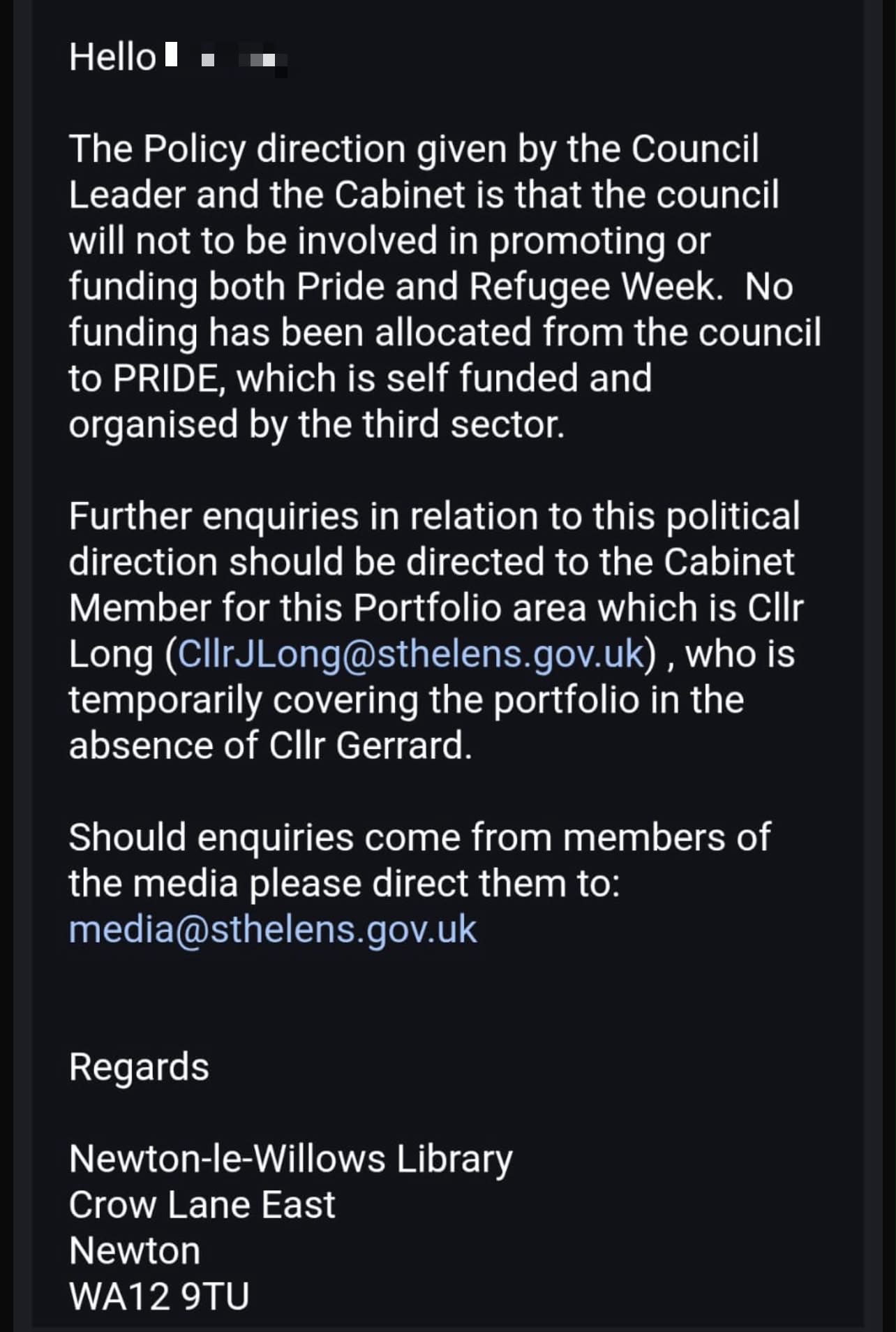 Reform Council restrict promotion or funding for Pride or Refugee Week