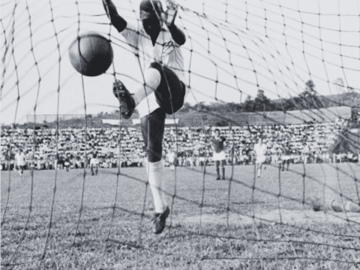 Brazilian footballer Pele in the net after scoring for Santos