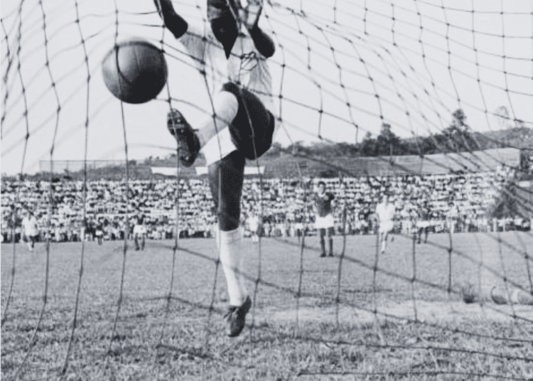 Brazilian footballer Pele in the net after scoring for Santos