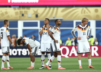 (From Left) Germany's defender #03 Waldemar Anton, defender #18 Nathaniel Brown, defender #24 Malick Thiaw, defender #04 Jonathan Tah and forward #11 Nick Woltemade react after losing the penalty shootout during the 2026 World Cup round of 32 football match between Germany and Paraguay at the Boston Stadium in Foxborough on June 29, 2026.