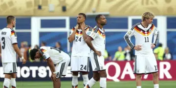 (From Left) Germany's defender #03 Waldemar Anton, defender #18 Nathaniel Brown, defender #24 Malick Thiaw, defender #04 Jonathan Tah and forward #11 Nick Woltemade react after losing the penalty shootout during the 2026 World Cup round of 32 football match between Germany and Paraguay at the Boston Stadium in Foxborough on June 29, 2026.