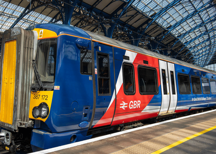 :Great British Railway new train seen arriving at Brighton Station on May 21, 2026 in Brighton, England. Govia Thameslink Railway (GTR) will officially transfer into public ownership on Sunday, 31 May 2026, becoming the latest franchise to be nationalised under the Labour government's rail reform programme. The Department for Transport is introducing the new, red, white, and blue Great British Railways (GBR) livery across the national network.