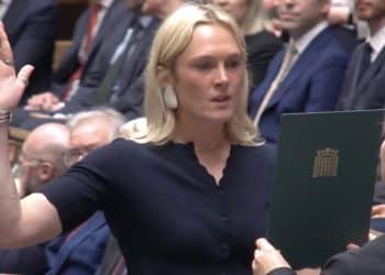 Lara Bird with her right hand in the air in Parliament and her three middle fingers appear to be crossed