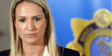 Helen McEntee, Ireland defence minister, looks towards the ground
