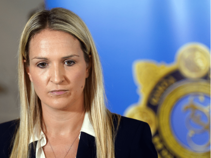 Helen McEntee, Ireland defence minister, looks towards the ground
