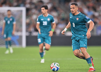 Ali Al-Hamadi of Iraq, who also plays for Ipswich, drives the ball during the FIFA World Cup 2026 Play-Off tournament final match between Iraq and Bolivia at Estadio Monterrey on March 31, 2026 in Guadalupe, Mexico.
