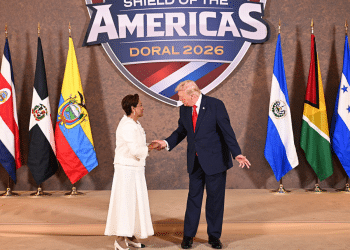 U.S. President Donald Trump greets Kamla Persad-Bissessar, SC, MP, Prime Minister of the Republic of Trinidad and Tobago, as he hosts “The Shield of the Americas Summit ,“ a gathering with heads of state and government officials from 12 countries in the Americas at the Trump National Doral Golf Club on March 7, 2026 in Doral, Florida. The White House describes the gathering as a landmark summit aimed at reshaping regional alliances and reinforcing U.S. influence in the Western Hemisphere.
