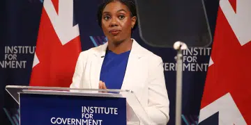 Conservative leader Kemi Badenoch delivers a speech at the Institute for Government on June 09, 2026 in London, England. The Conservative Party Leader pledges to overhaul equality laws - scrapping the duty on public bodies to consider how they promote equality (the Public Sector Equality Duty).