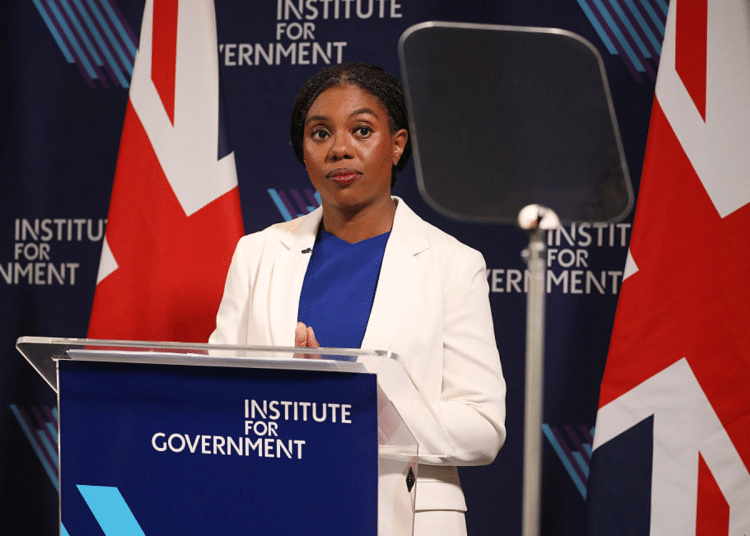 Conservative leader Kemi Badenoch delivers a speech at the Institute for Government on June 09, 2026 in London, England. The Conservative Party Leader pledges to overhaul equality laws - scrapping the duty on public bodies to consider how they promote equality (the Public Sector Equality Duty).