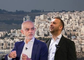 Composite image showing Sadiq Khan and Zack Polanski in front of a photo of an Israeli settlement in the West Bank
