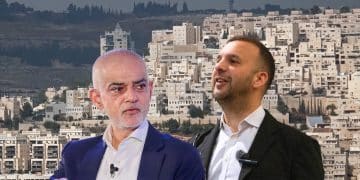 Composite image showing Sadiq Khan and Zack Polanski in front of a photo of an Israeli settlement in the West Bank