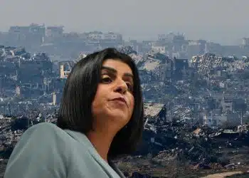 Composite image of Shabana Mahmood over a background of devastated housing in Gaza. Letter to Mahmood about UK IDF soldiers in Gaza genocide