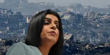 Composite image of Shabana Mahmood over a background of devastated housing in Gaza. Letter to Mahmood about UK IDF soldiers in Gaza genocide