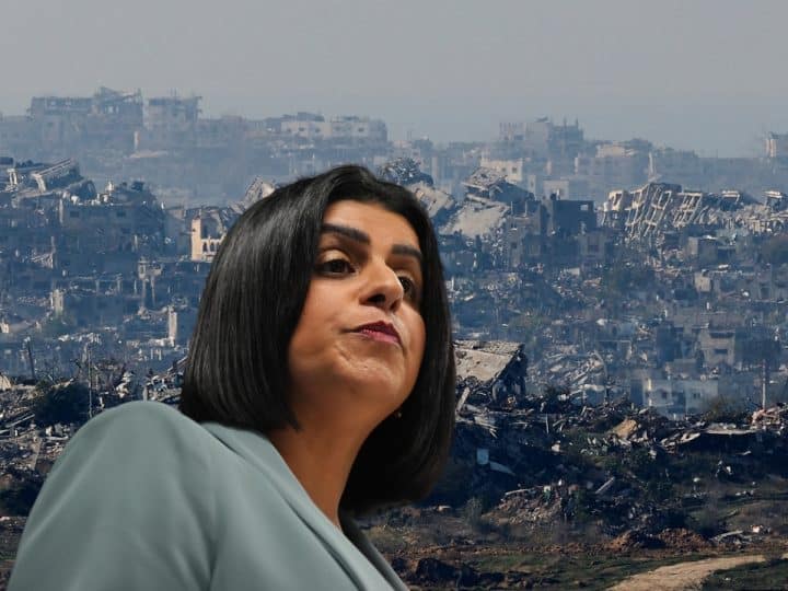 Composite image of Shabana Mahmood over a background of devastated housing in Gaza. Letter to Mahmood about UK IDF soldiers in Gaza genocide
