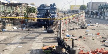 A Nigerian police truck stands at the deserted Maiduguri Monday Market the morning after multiple explosions struck the northeastern city of Maiduguri, Borno State, Nigeria on 17 March 2026