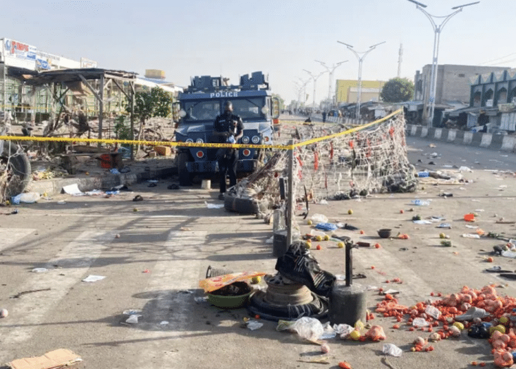 A Nigerian police truck stands at the deserted Maiduguri Monday Market the morning after multiple explosions struck the northeastern city of Maiduguri, Borno State, Nigeria on 17 March 2026