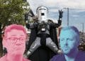 Composite image showing Andy Burnham, Count Binface and Rob Kenyon in front of a street scene in Makerfield