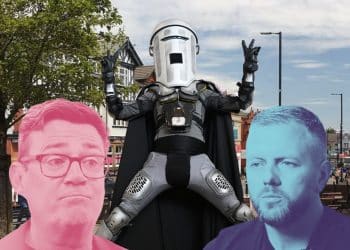 Composite image showing Andy Burnham, Count Binface and Rob Kenyon in front of a street scene in Makerfield