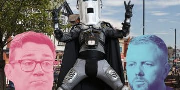 Composite image showing Andy Burnham, Count Binface and Rob Kenyon in front of a street scene in Makerfield