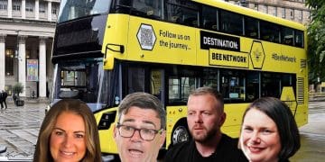 Composite image of Restore, Labour, Reform and Green candidates for Makerfield by-election in front of a Bee Network bus. Illustrating questions of candidates on public ownership