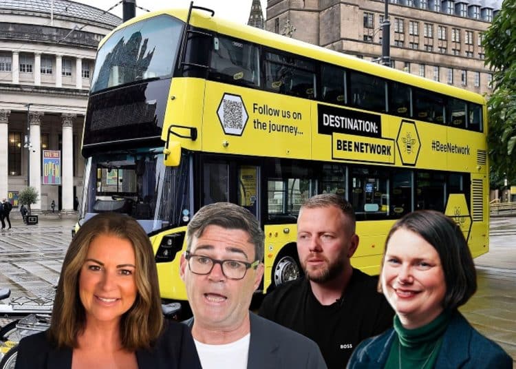 Composite image of Restore, Labour, Reform and Green candidates for Makerfield by-election in front of a Bee Network bus. Illustrating questions of candidates on public ownership