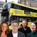 Composite image of Restore, Labour, Reform and Green candidates for Makerfield by-election in front of a Bee Network bus. Illustrating questions of candidates on public ownership