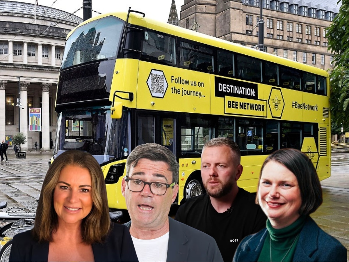 Composite image of Restore, Labour, Reform and Green candidates for Makerfield by-election in front of a Bee Network bus. Illustrating questions of candidates on public ownership