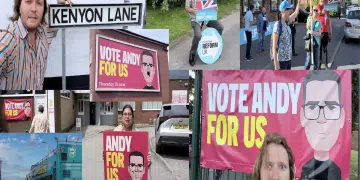 A collage of different images from Cameron's time in Makerfield from him infront of a 'Vote Andy for us' banner to residents in the street next to political adverts