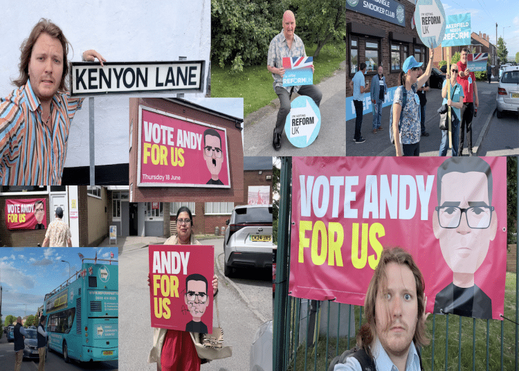 A collage of different images from Cameron's time in Makerfield from him infront of a 'Vote Andy for us' banner to residents in the street next to political adverts