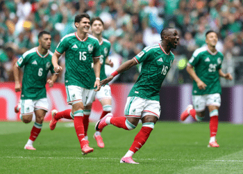 Mexico v South Africa: Group A - FIFA World Cup 2026 MEXICO CITY, MEXICO - JUNE 11: Julian Quinones #16 of Mexico celebrates with teammates after scoring the team's first goal during the FIFA World Cup 2026 Group A match between Mexico and South Africa at Mexico City Stadium on June 11, 2026 in Mexico City, Mexico. (Photo by Carl Recine/Getty Images)