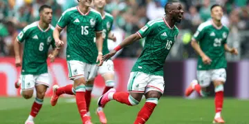 Mexico v South Africa: Group A - FIFA World Cup 2026 MEXICO CITY, MEXICO - JUNE 11: Julian Quinones #16 of Mexico celebrates with teammates after scoring the team's first goal during the FIFA World Cup 2026 Group A match between Mexico and South Africa at Mexico City Stadium on June 11, 2026 in Mexico City, Mexico. (Photo by Carl Recine/Getty Images)