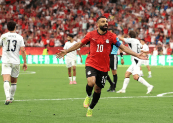 Egypt World Cup player Mohamed Salah celebrates scoring his team's second goal during the Group G match against New Zealand at BC Place, Vancouver, on 21 June 2026