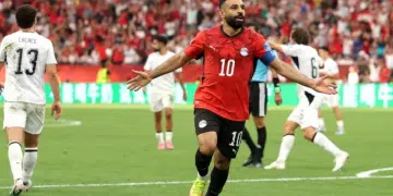 Egypt World Cup player Mohamed Salah celebrates scoring his team's second goal during the Group G match against New Zealand at BC Place, Vancouver, on 21 June 2026
