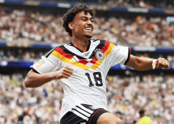 Nathaniel Brown #18 of Germany celebrates scoring his team's fifth goal during the FIFA World Cup 2026 Group E match between Germany and Curacao at Houston Stadium on June 14, 2026 in Houston, Texas.