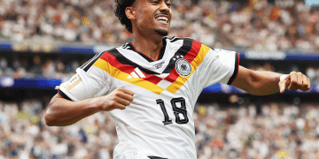 Nathaniel Brown #18 of Germany celebrates scoring his team's fifth goal during the FIFA World Cup 2026 Group E match between Germany and Curacao at Houston Stadium on June 14, 2026 in Houston, Texas.