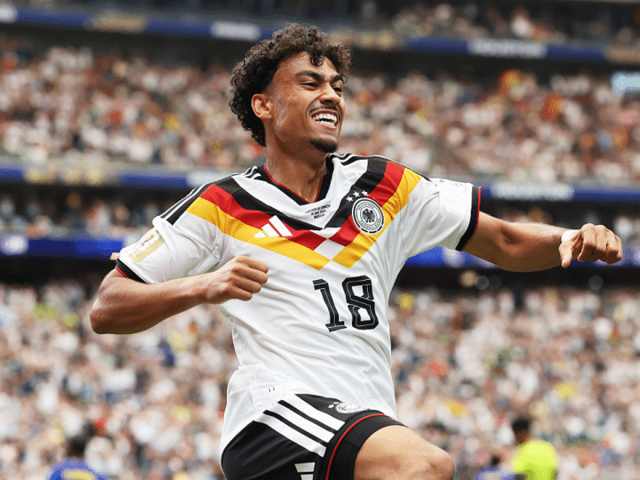 Nathaniel Brown #18 of Germany celebrates scoring his team's fifth goal during the FIFA World Cup 2026 Group E match between Germany and Curacao at Houston Stadium on June 14, 2026 in Houston, Texas.
