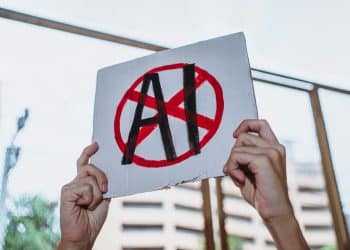 Hands holding a placard with AI crossed out SAG-AFTRA and Equity AI campaigns