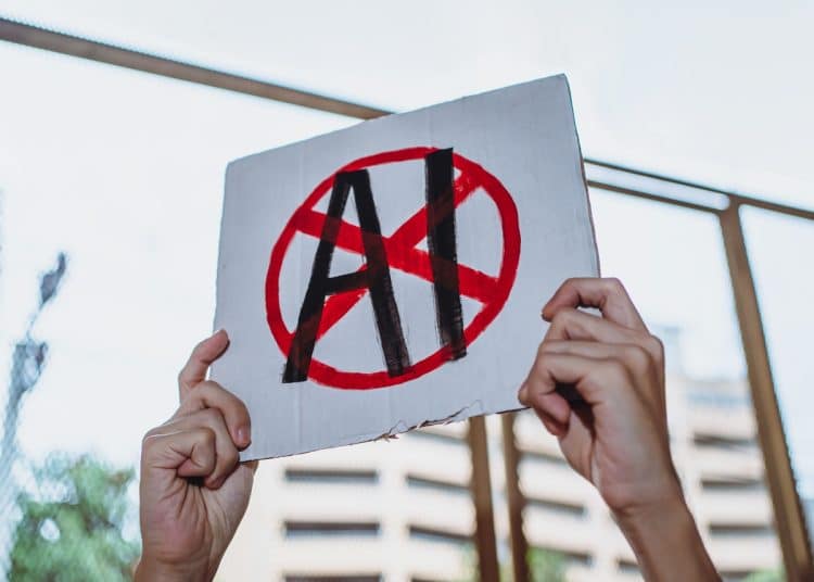 Hands holding a placard with AI crossed out SAG-AFTRA and Equity AI campaigns