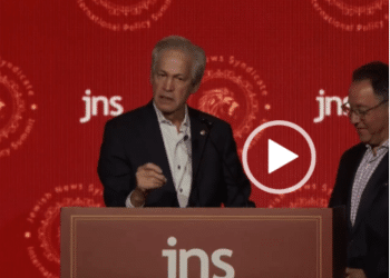 A screenshot of a video of Norm Coleman on stage at the The JNS 2026 Summit in Jerusalem in June 2026 where he made the comment about Jews
