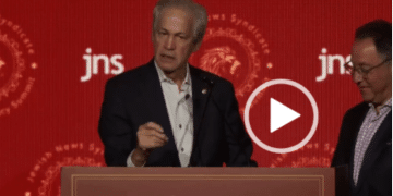 A screenshot of a video of Norm Coleman on stage at the The JNS 2026 Summit in Jerusalem in June 2026 where he made the comment about Jews