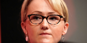 Rebecca Long-Bailey, pictured in March 2020, when she was then Shadow Secretary of State for Business, looks on during the last Labour Party Leadership hustings at Dudley Town Hall, West Midlands. Her expression is determined and she’s straight-faced.