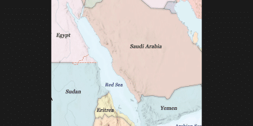 A map showing the Red Sea and other countries around it so Yemen towards the bottom and Israel at the top next to Egypt on the left and to Jordan to the right