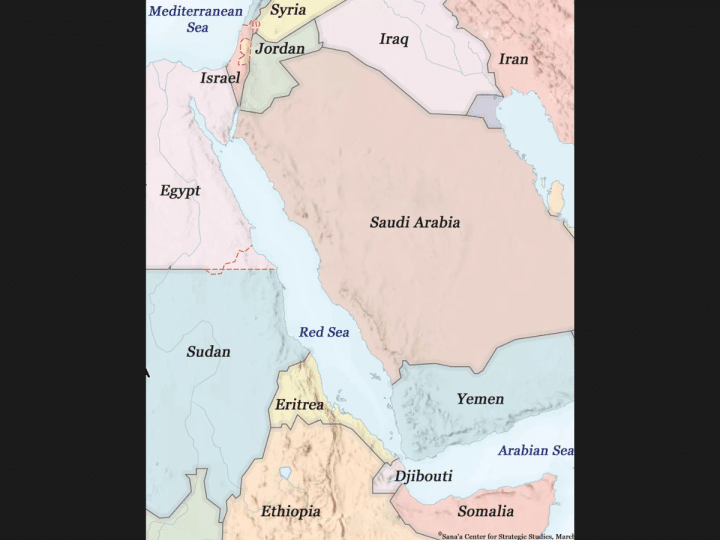 A map showing the Red Sea and other countries around it so Yemen towards the bottom and Israel at the top next to Egypt on the left and to Jordan to the right