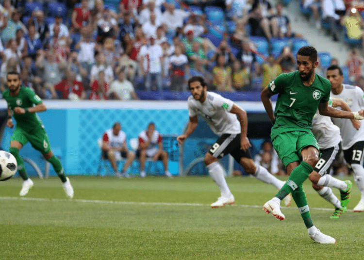Salman Alfaraj of Saudi Arabia scores a penalty for his team's first goal during the 2018 FIFA World Cup Russia group A match between Saudia Arabia and Egypt at Volgograd Arena on June 25, 2018 in Volgograd, Russia