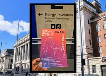 Composite image showing flyer for unofficial tour over an external pic of the Science Museum