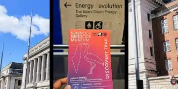 Composite image showing flyer for unofficial tour over an external pic of the Science Museum
