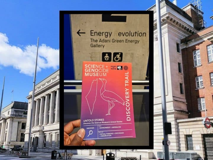 Composite image showing flyer for unofficial tour over an external pic of the Science Museum
